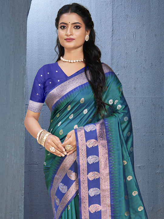 Teal Silk Saree With Blouse Piece