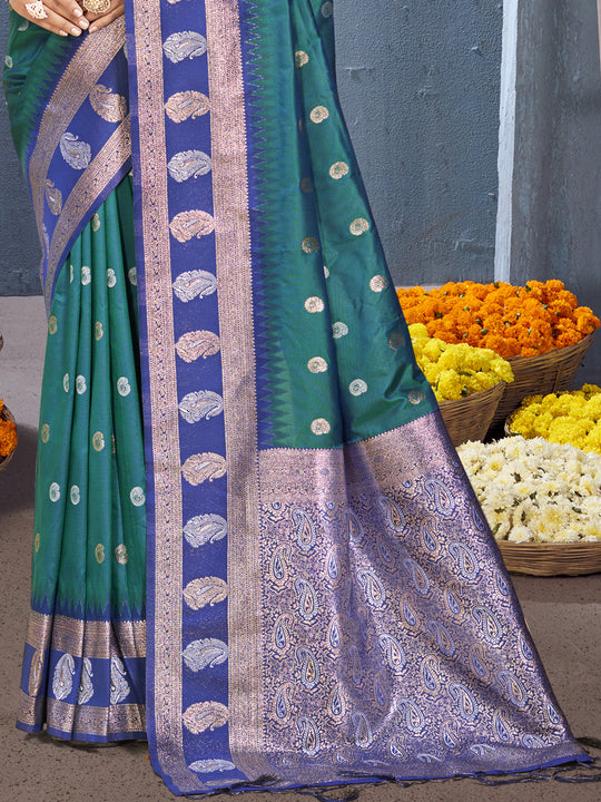 Teal Silk Saree With Blouse Piece