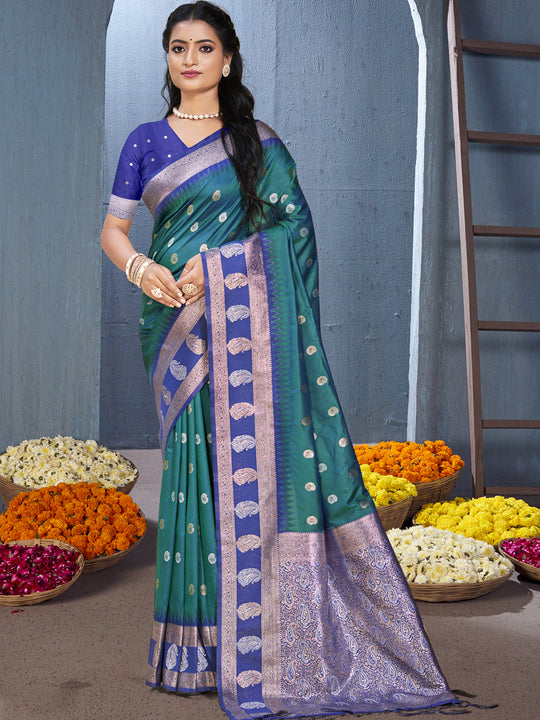 Teal Silk Saree With Blouse Piece