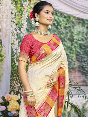 Cream Silk Saree With Blouse Piece