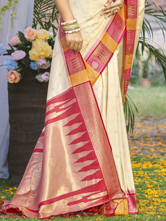 Cream Silk Saree With Blouse Piece