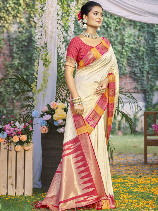Cream Silk Saree With Blouse Piece