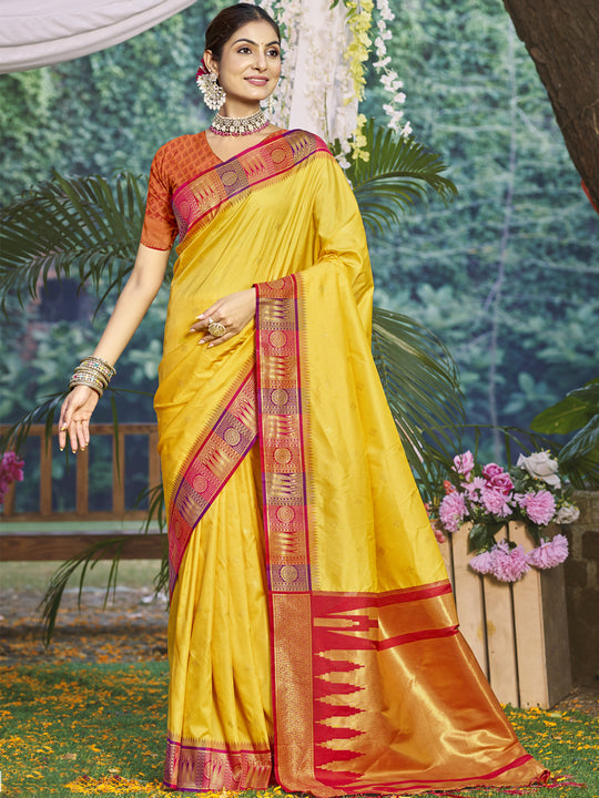 Yellow Silk Saree With Blouse Piece