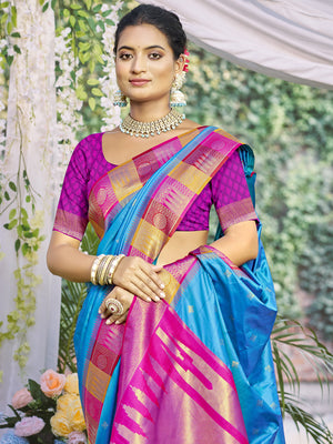 Blue Silk Saree With Blouse Piece