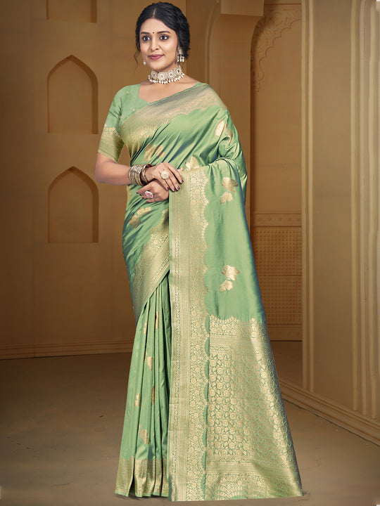Pista Green Silk Saree With Blouse Piece