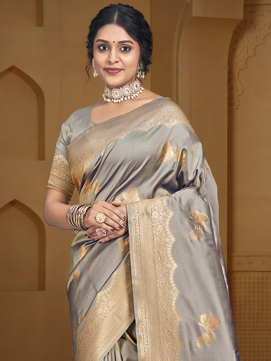 Grey Silk Saree With Blouse Piece