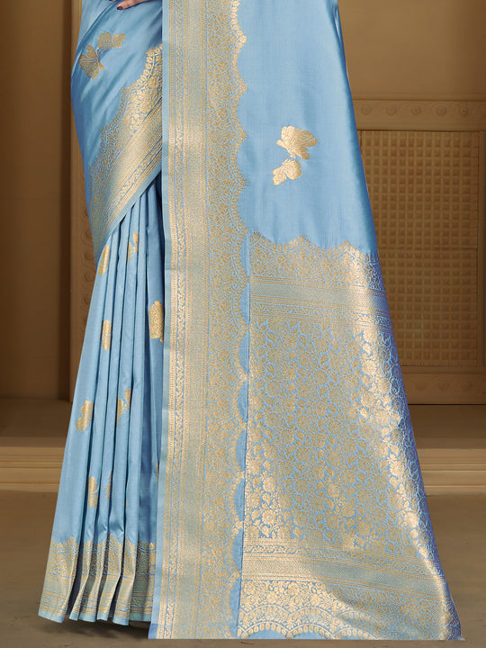 Sky Blue Silk Saree With Blouse Piece