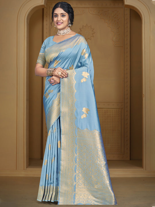 Sky Blue Silk Saree With Blouse Piece