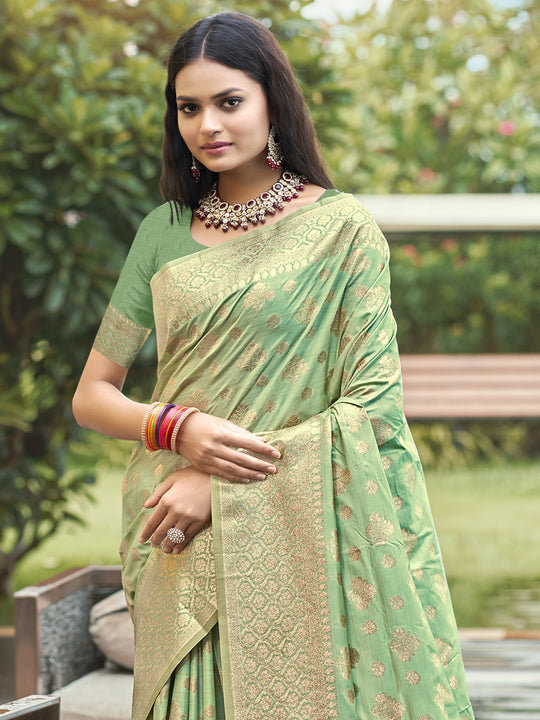Pista Green Silk Saree With Blouse Piece