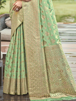 Pista Green Silk Saree With Blouse Piece