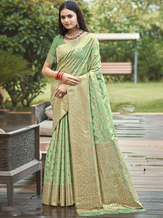 Pista Green Silk Saree With Blouse Piece