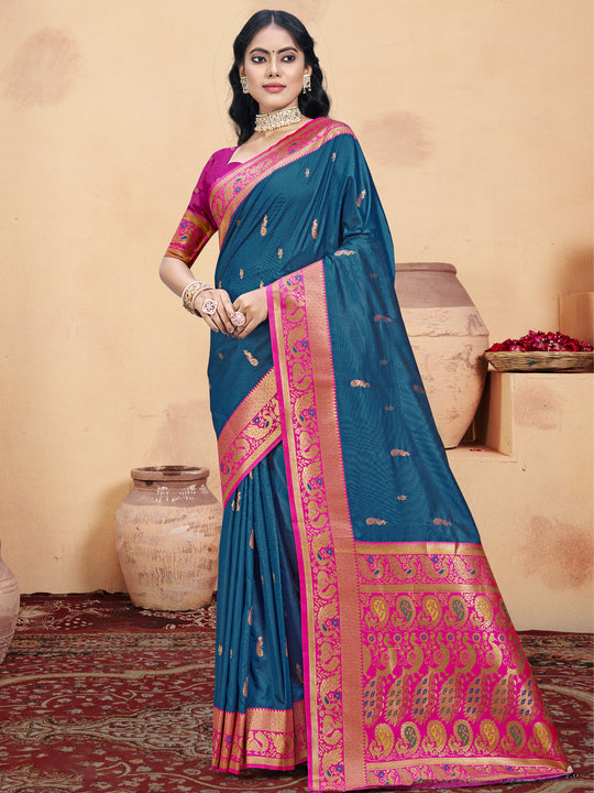 Blue Silk Saree With Blouse Piece