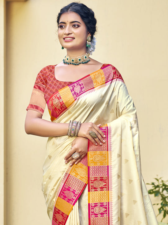 Cream Silk Saree With Blouse Piece