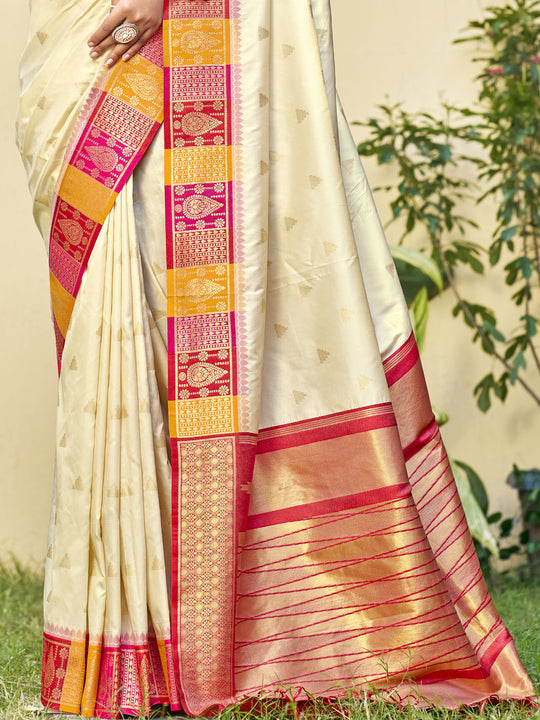 Cream Silk Saree With Blouse Piece