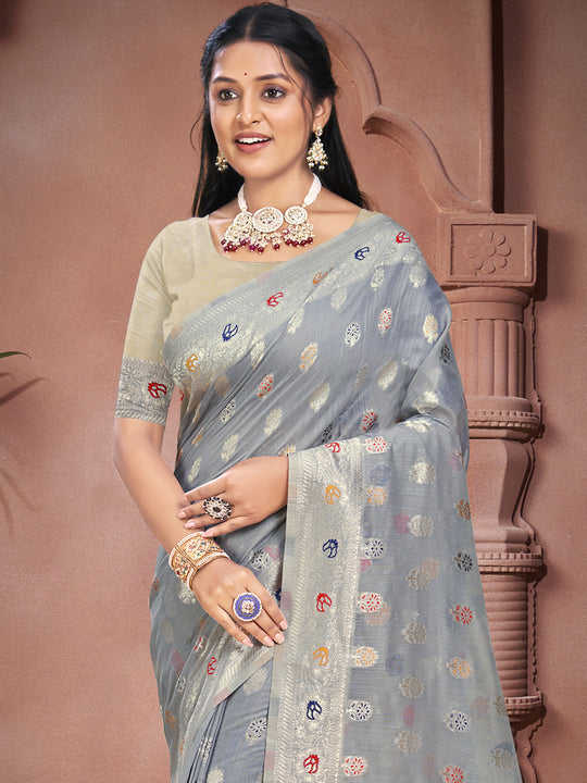 Grey Cotton Saree With Blouse Piece