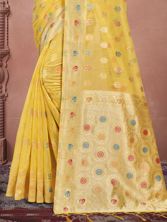 Yellow Cotton Saree With Blouse Piece