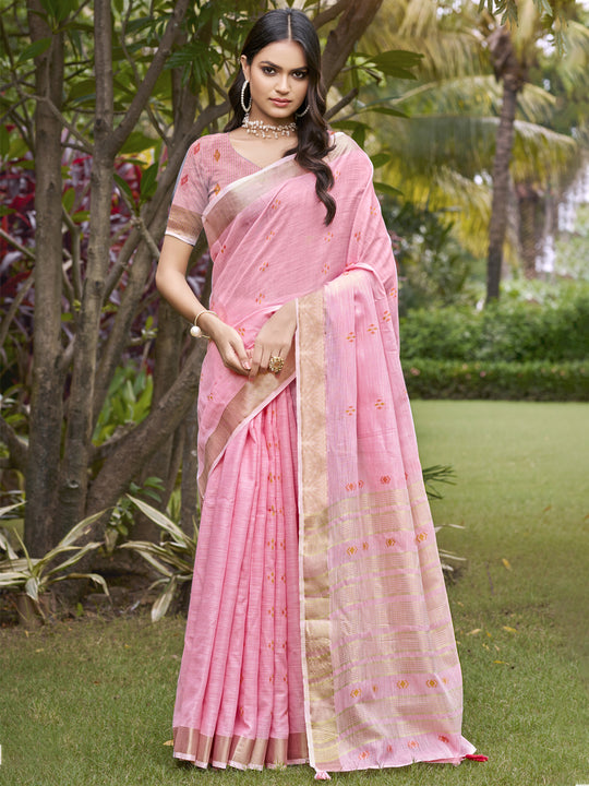 Pink Cotton Saree With Blouse Piece