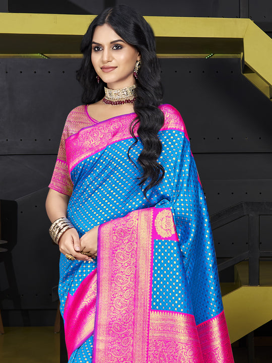 Sky Blue Silk Saree With Blouse Piece