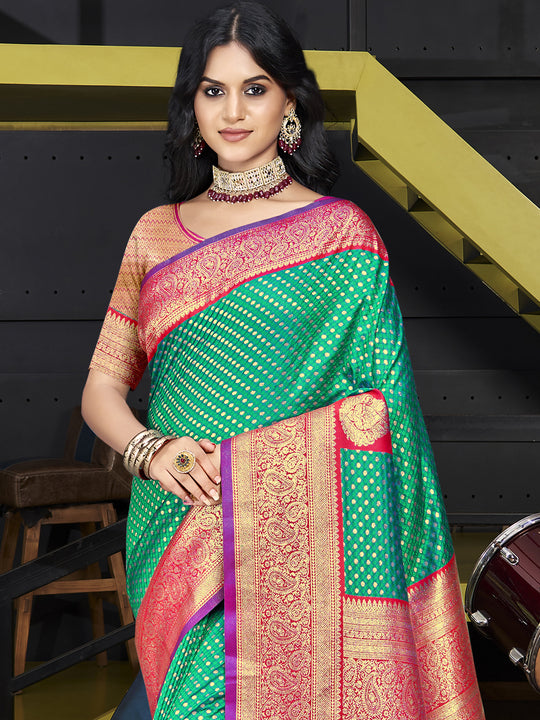 Teal Silk Saree With Blouse Piece