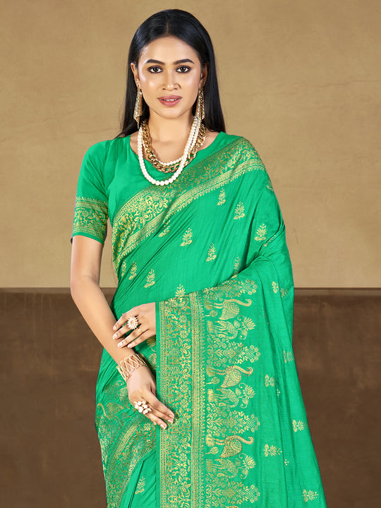 Teal Silk Saree With Blouse Piece