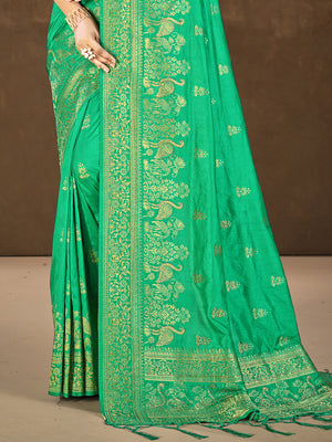 Teal Silk Saree With Blouse Piece