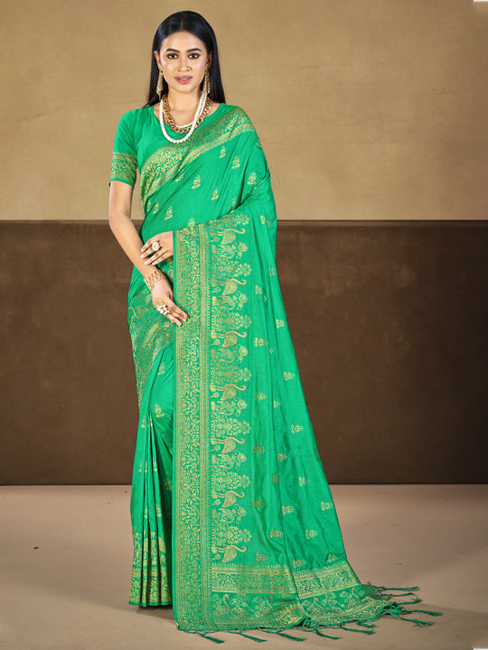 Teal Silk Saree With Blouse Piece