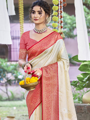 Cream Silk Saree With Blouse Piece