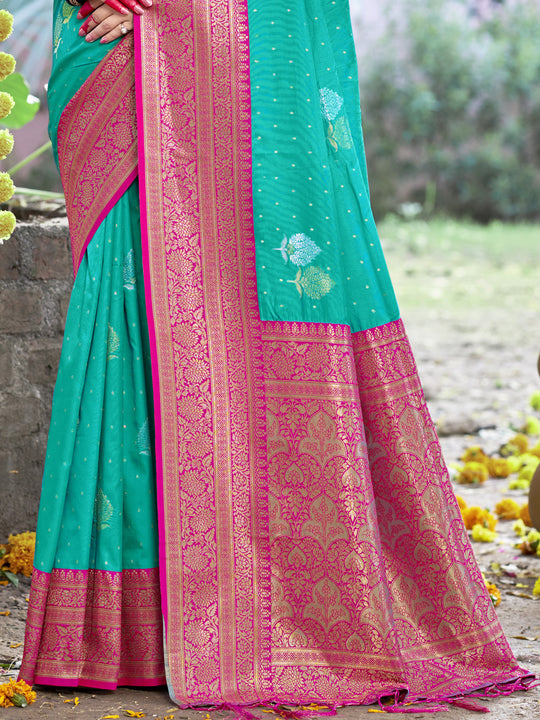 Teal Silk Saree With Blouse Piece