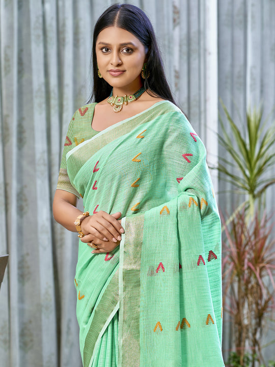 Turquoise Cotton Saree With Blouse Piece