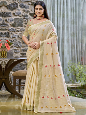 Beige Cotton Saree With Blouse Piece