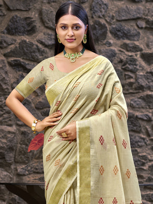 Cream Linen Blend Saree With Blouse Piece