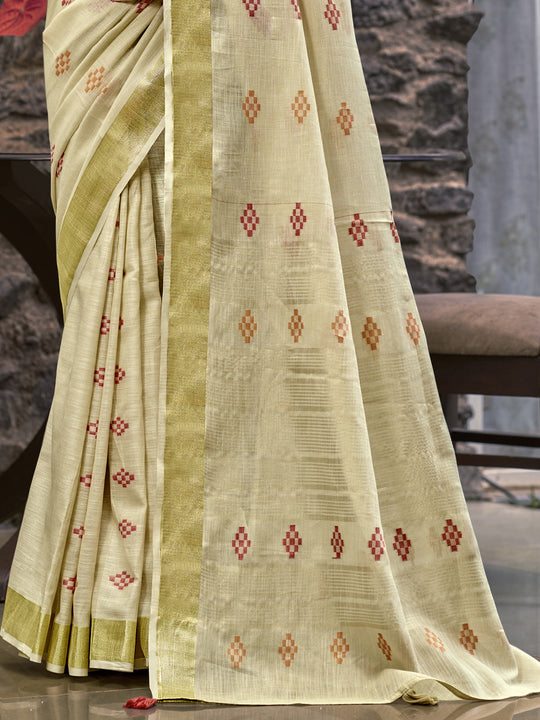 Cream Linen Blend Saree With Blouse Piece