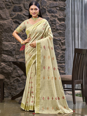 Cream Linen Blend Saree With Blouse Piece