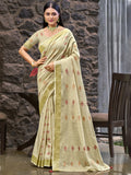 Cream Linen Blend Saree With Blouse Piece
