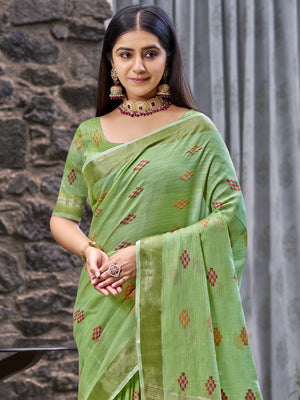 Green Linen Blend Saree With Blouse Piece