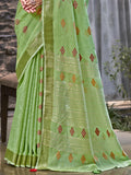 Green Linen Blend Saree With Blouse Piece