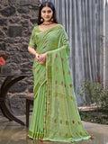 Green Linen Blend Saree With Blouse Piece
