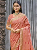 Peach Linen Blend Saree With Blouse Piece