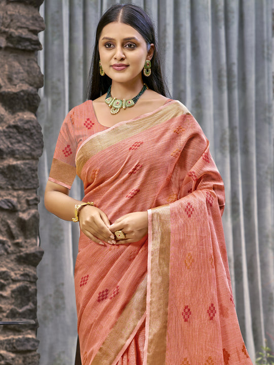 Peach Linen Blend Saree With Blouse Piece