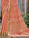 Peach Linen Blend Saree With Blouse Piece