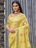Yellow Linen Blend Saree With Blouse Piece