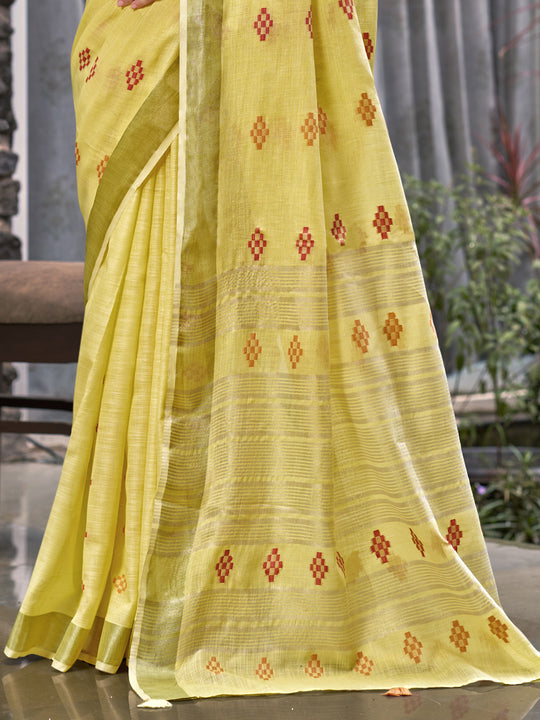 Yellow Linen Blend Saree With Blouse Piece