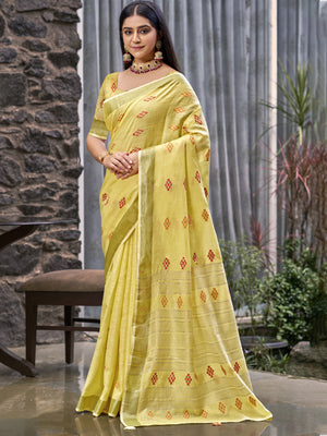 Yellow Linen Blend Saree With Blouse Piece