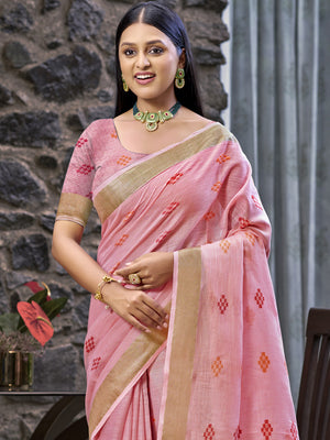 Pink Linen Blend Saree With Blouse Piece