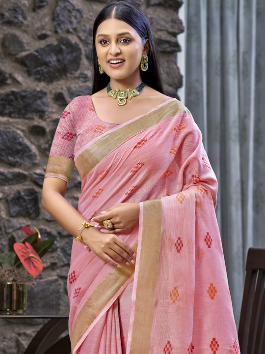 Pink Linen Blend Saree With Blouse Piece