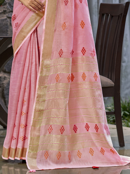 Pink Linen Blend Saree With Blouse Piece