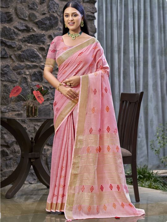 Pink Linen Blend Saree With Blouse Piece