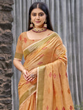 Orange Linen Blend Saree With Blouse Piece