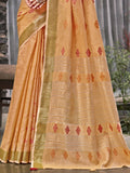 Orange Linen Blend Saree With Blouse Piece