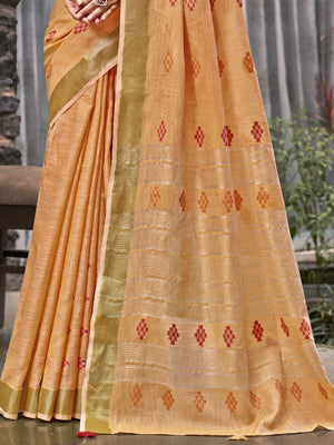 Orange Linen Blend Saree With Blouse Piece